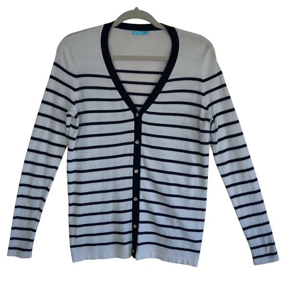 J McLaughlin Womens Striped Cardigan Size XS Navy White Nautical Button Front - Picture 1 of 9
